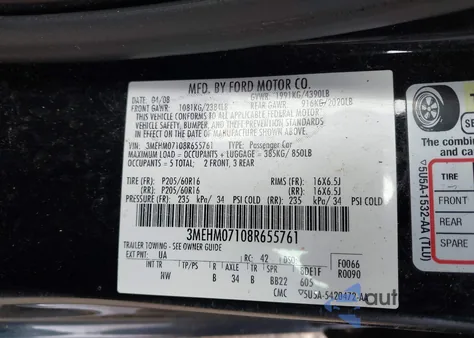 2008 Mercury Milan V6 from USA, damaged, VIN 3MEHM07108R655761